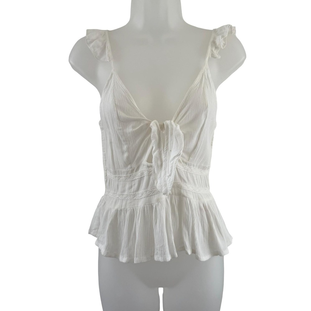 Patrons Of Peace Tank Top Womens M White Ruffle Tie Front Peplum Cami Boho NWT